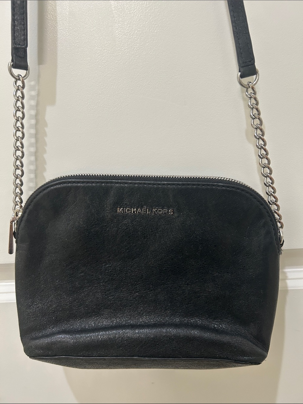 Michael Kors Shiny Black Leather and Silver Chain Crossbody Bag